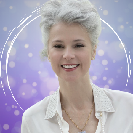 smiling woman in front of lilac background