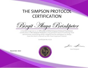 The purple and white Simpson Protocol Certificate from Birgit Alaya Brinkpeter