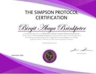 The purple and white Simpson Protocol Certificate from Birgit Alaya Brinkpeter